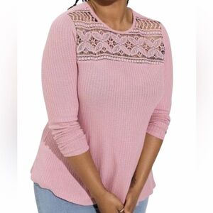 Torrid Dusty Pink Crochet Yoke Waffle Knit Top Long Sleeve Size 2X Casual